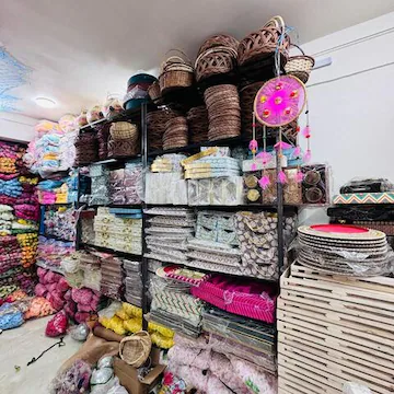 Cane baskets, laces and trims